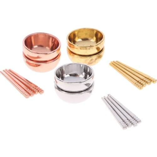 1Set Mini Metal Bowl Chopsticks Set Simulation Kitchen Tableware Model Toys Dollhouse Miniature Accessories