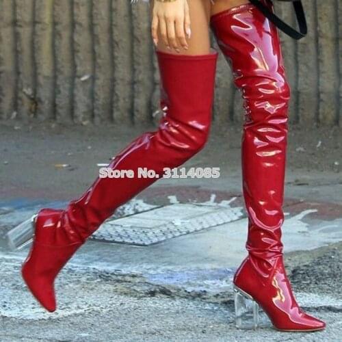 2018 Fall Winter Newest Superstar Same Model Red Blue Bright Patent Leather Clear Chunky Heel Boots Skinny Thigh High Boots