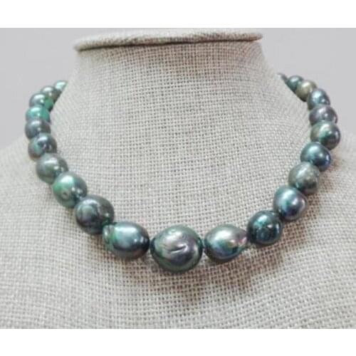 Huge 10-14X17mm natural freshwater genuine black peacock green pearl necklace 925silver