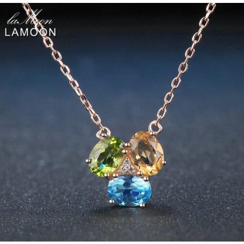 Lamoon Oval Yellow Citrine Green Peridot Blue Topaz 925 Sterling Silver Chain Pendant Necklace Rose Gold Color S925 NI051