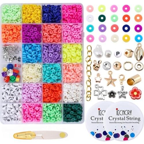 Mixed Color Flat Round Polymer Clay Beads With Accessories Loose Spacer Beads For Necklace Earring DIY Jewelry Making Kit