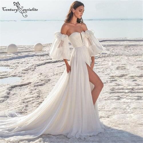 Beach Wedding Dresses for Women 2021 Sweetheart Detachable Sleeves Chiffon Boho Bridal Gowns with Slit Vestido De Noiva