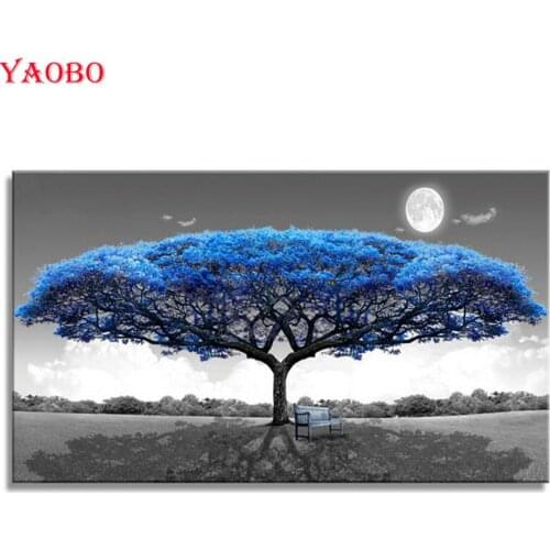 Full Square Drill ,diamond embroidery,Blue tree moon,5d diamond painting,Cross Stitch,3D rhinestones painting,Mosaic Decor Gift