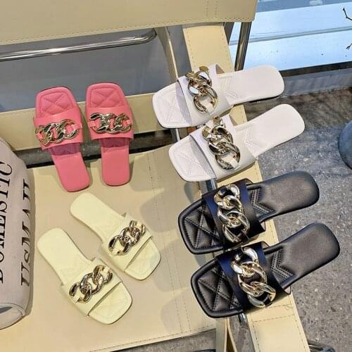 Open Toe Flat Shoes Summer Slipper Women Metal Chain Design Fashion Shoes Solid Color Outdoor Punk Slides Women Shoes Plus Size