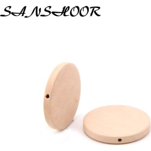 SANSHOOR Unfinished Flat Round Raw Wooden Bead Circle With double holes Fit Charms Pendant Neckalce Jewelry As Diy Gift 20Pcs