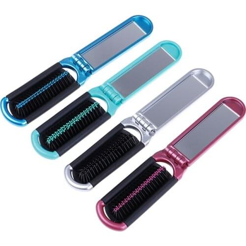 Folding Hair Brush With Mirror Compact Pocket Size Travel Car Purse Bag Gift