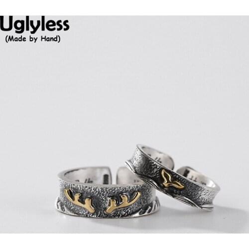 Uglyless Eastern LOVE Story Couples Jewelry 1 Piece Lovers Rings 999 Pure Silver Animals Rings Embossed Bronze Deer Whale Bijoux