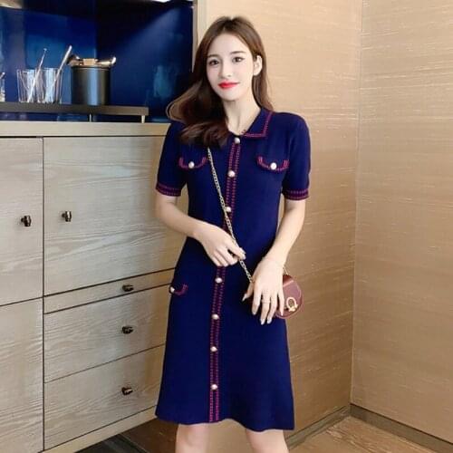 Hepburn style temperament waist was thin and Small Fragrant knit Dress Summer New French girl slim short-sleeved a-line Dress