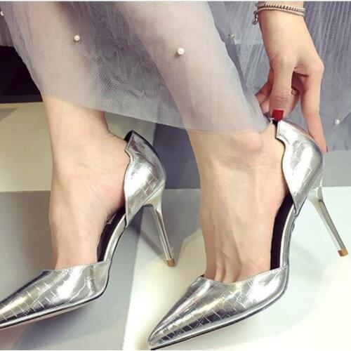 Womens Pu Leather Fashion Stiletto High Heel Pointed Toe Pump Office Lady Work Shoes Female Silver Plus Size 11 9cm
