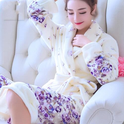 Women Robes Winter Warm Coral Fleece Nightdress Sleepwear Female Pajamas Home Clothes Floral Dressing Gron Kimono Hotel Bathrobe