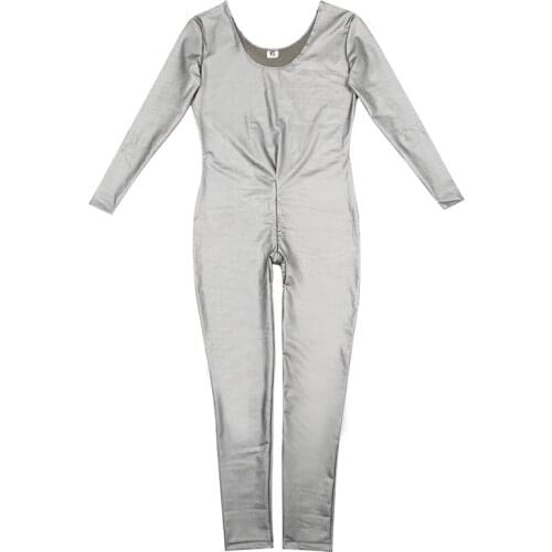 Oil Faux Latex Catsuit Big Round Neck Long Sleeve Zipper Open Crotch Bodysuit PU Leather Bodycon Jumpsuit Body Sculpting Leotard