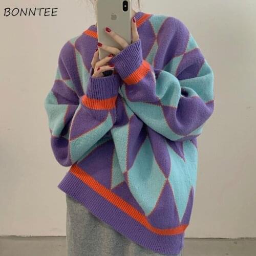 Sweaters Women Autumn Knitted Long Sleeve Pullovers Leisure Loose Patchwork Warm Thickening Popular Trendy Daily Ulzzang O-Neck