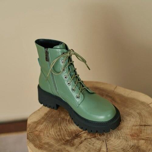 Handmade winter shoes ankle boots for women chunky platform genuine leather booties lace up block heels zipper Motorcycle boots