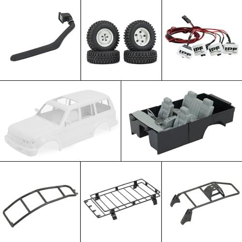 1/10 Scale LC80 Hard Body Mount Roof Rack Interior Tail Ladder Spare Wheel Carrier Snorkel LED Lamp for RC Crawler TRX4 SCX10