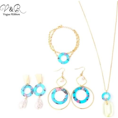2020 New Arrival Diy Package Jewelry Necklace Earring Bracelet Set Blue Jewelry Set With Acetate Pearl Charm Pendant Jewelry Set