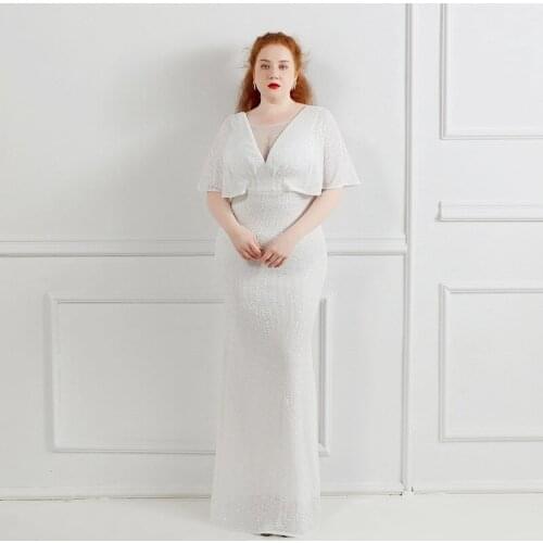 White Sequins Simple Evening Dress V-Neck Ruffles Short Sleeves Floor-Length Fashion Mermaid Plus Size Women Formal Gowns D1274