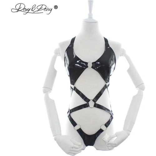 DAVYDAISY Women Sexy Bodysuits Corss Latex Backless Wetlook Catsuits PU Leather Sexy Lingerie Teddies Sexy Costumes TE521