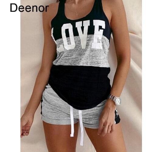 Deenor 2-piece Vest and Shorts Set Love Print Womens Casual Set Women Fashion Summer Floral Shorts Suit Fashion