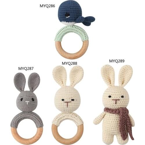 Baby Pacifier Rattle Wooden Dophin Hand Grip Shaking Toys Safe Braided Teething Ring for Baby Boys Girls Baby Shower