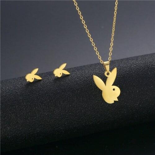 European And American Simple Hollow Rabbit Ear Stud Necklace Set Womens Stainless Steel Necklace Jewelry 2 Sets