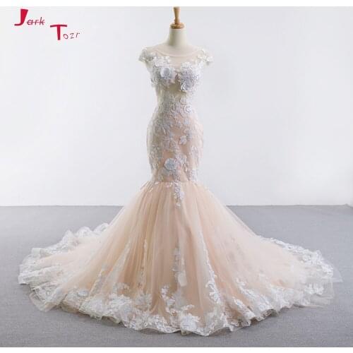 Jark Tozr Custom Made Cap Sleeve Sexy Backless Appliques Flowers Pink Mermaid Wedding Dresses Vestido De Noiva Sereia