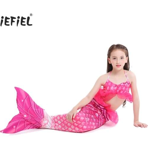 Pretty Girls Mermaid Tail Swimsuit Kids Costume Beachwear Ruffled Tops with Bottoms Bikini Swimsuit Mermaid Cosplay Costume