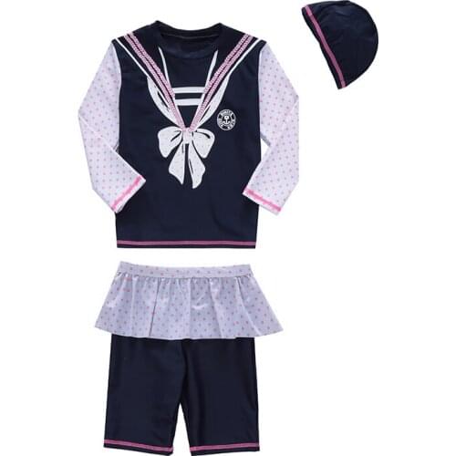 Girls 3-piece set Swimsuit Long Sleeve Middy Blouse Skirted Swimwear Sun UV Protection UPF50+ Kids Rash Guards Beachwear 3-10Y