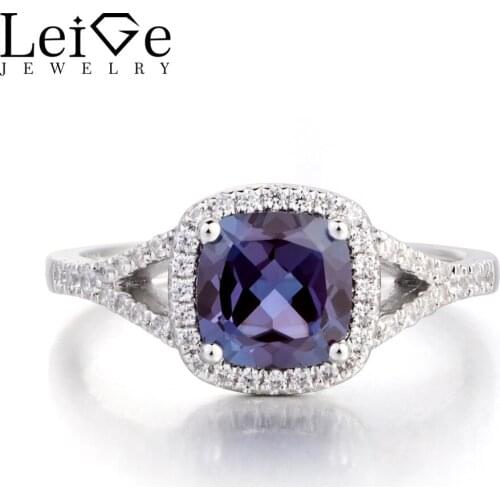 Leige Jewelry Lab Alexandrite Ring Wedding Ring Cushion Cut Color Change Gemstone 925 Sterling Silver Ring June Birthstone Ring
