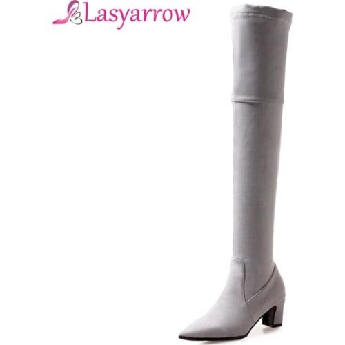 Lasyarrow Fashion Over the Knee Boots High Heels Thick Heels Pointed Toe Sexy Thigh High Boots Black Yellow Gray Long Boots J118