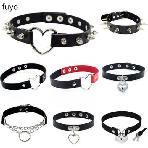 Fashion PU Leather Punk Rock Gothic Necklace Sexy Lock Heart Round Spike Collar Choker Necklace Body Accessories Jewelry Collier