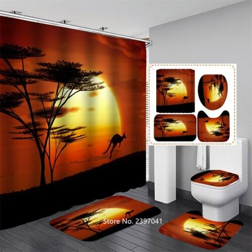 Washable Home Decor Flowers Bathroom Set with Tree Pattern Waterproof Shower Curtain Toilet Cover Mat Set with Non-slip Carpet