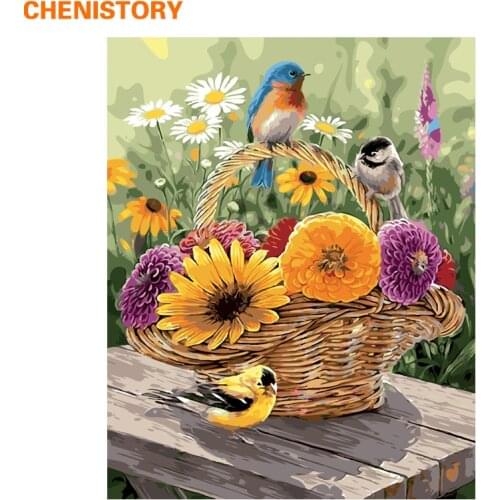 CHENISTORY Frameless Birds Flower Basket DIY Painting By Numbers Wall Art Hand Painted Oil Painting On Canvas For Home Decors