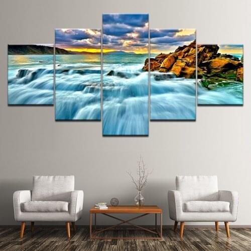 Blue Ocean Water Nature Trees Rocks5 Pieces Wall Art Painting Modular Wallpapers Poster Print for living room Home Decor