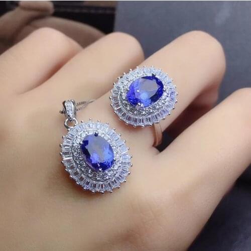 New Arrival Natural Real Tanzanite jewelry set 925 sterling silver 1pc Tanzanite pendant,1pc Tanzanite ring