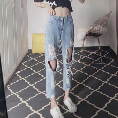 New Fashion Women Baggy Hole Ripped Jeans High Waist Ankle Length Denim Pants Straight Trousers Hip Hop Tassels Pants Streetwear
