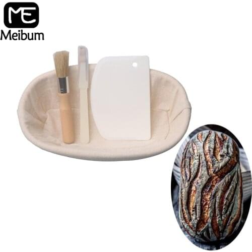 Meibum Oval Banneton 4Pcs Set Bread Fermentation Rattan Basket Brotform Proving Dough Knife Scraper Linen Liner Baking Tools