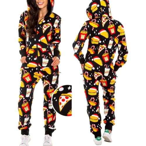 2020 New Womens Christmas Pajamas with Hood Santa Pattern Adult Cozy Jumpsuits Homewear Lady Zipper Overall Rompers One Piece