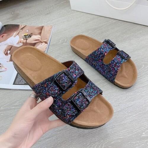 Womens Summer Beach Sandals Fashion Bright Bling Cork Slippers Designer Flip Flops Female Flat Home Snug Shoes Women Shoes