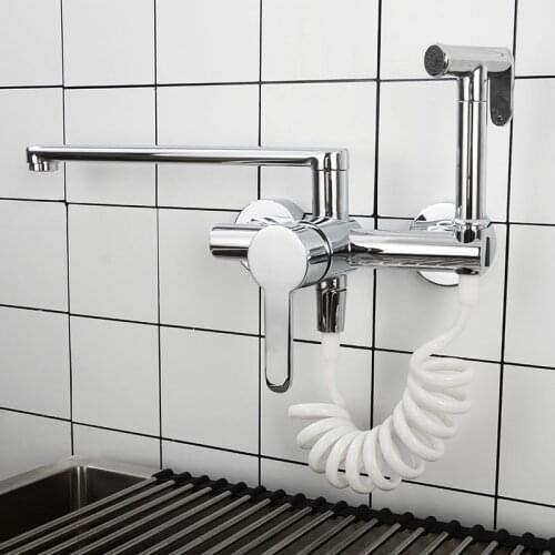 Kitchen Faucet Chrome Plated Brass Kitchen Sink Mixer Wall Mounted Water Tap With Sprayer