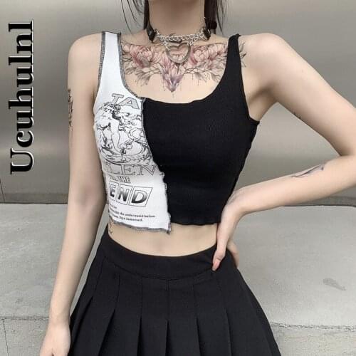 Ucuhulnl Punk Streetwear Bodycon Patchwork Crop Tank Tops Harajuku Gothic Print Tank Top Summmer Sexy Casmioles Sleeveless