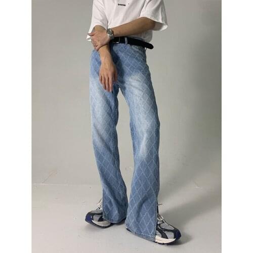 Mesh Jacquard Jeans Mens Light Blue Korean Casual Straight-Leg Wide Leg Pants Loose Slimming Slit Mop Pants Mens Loose Jeans