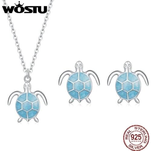 Wostu 925 Sterling Blue Turtle Ears CZ Earrings and Necklace Jewelry Sets for Women Fine Wedding women gift Jewelry Set ZBS227