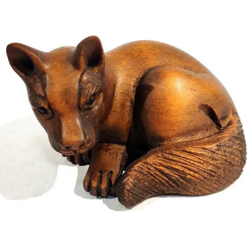 Y7504 - 2" Hand Carved Japanese Boxwood Netsuke Figurine Carving : Dog or Fox