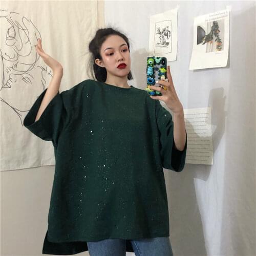 Oversized loose T-shirt womens dress solid color crew neck fashion comfort medium length versatile Harajuku