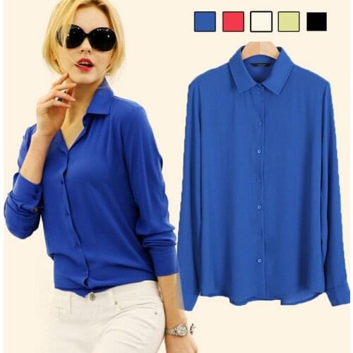 FASHION Tops Ladies Shirts Elegant Work Shirts Womens Solid Long Sleeve Chiffon Blouses Turn-down Collar Shirts Casual Blouses