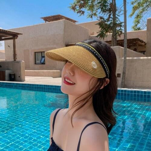 CANZE Women Capless Straw Hat Adult Sun Protection Weave Hat Adjustable Print Outdoor Beach Peaked Cap