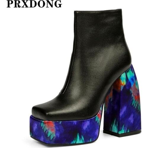 Fashion Women Ankle Boots New 2021 Genuine Leather Chunky High Heels Platform Black Dress Party Riding Boots Autumn Winter 35-43