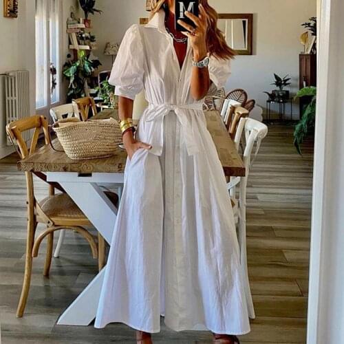 Women Shirt Dress Fashion V Neck Bow Belt Female Sundress Puff Short Sleeve Buttons Closure Women Shirt Maxi Dresses Banquet
