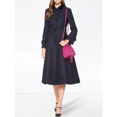 New 2020 Winter Coat Women Fashion Elegant Special NAVY Wool Coat Slim Draw back Patchwork Collar Overcoat Feminine X-Long Coats