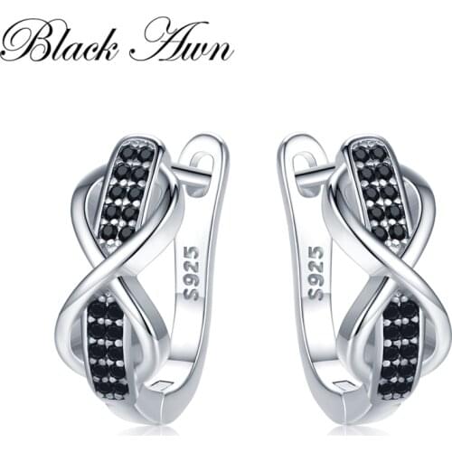 2020 [BLACK AWN] 925 Sterling Silver Round Black Trendy Spinel Engagement Bow Hoop Earrings for Women Fine Jewelry Bijoux I157